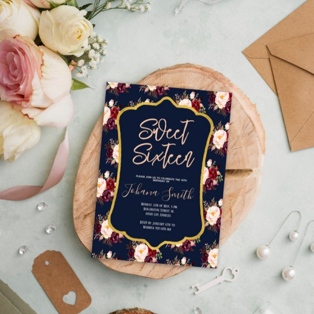 Burgundy Navy Blue Peony Blommigt 16:e födelsedage Inbjudningar (Skapare uppladdad)