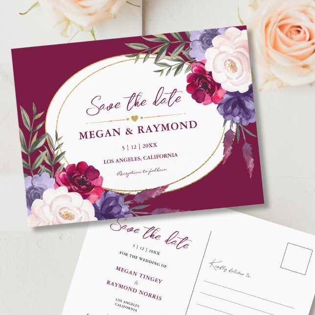 Burgundy Navy Blue Peony Geometric Spara datumet Vykort (Skapare uppladdad)