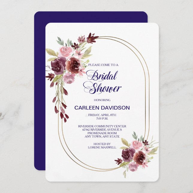 Burgundy Navy Blue Ro Blommigt Möhippa Inbjudningar (Fram/baksida)