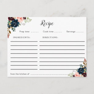 Burgundy navy blue & rosa  blommigt recept vykort