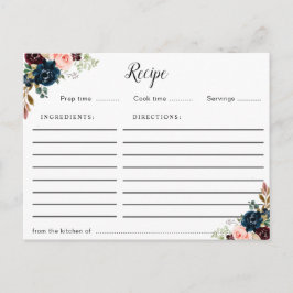 Burgundy navy blue & rosa  blommigt recept vykort