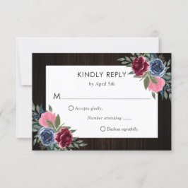 Burgundy Navy Blue Rosa Wood Blommigt Bröllop OSA Kort