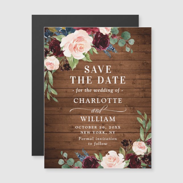 Burgundy Navy Blue Save Date Magnetic Card (Fram/baksida)