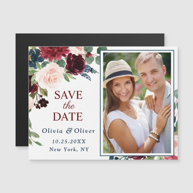Burgundy Navy Blue Save Date Magnetic Card (Fram/baksida)