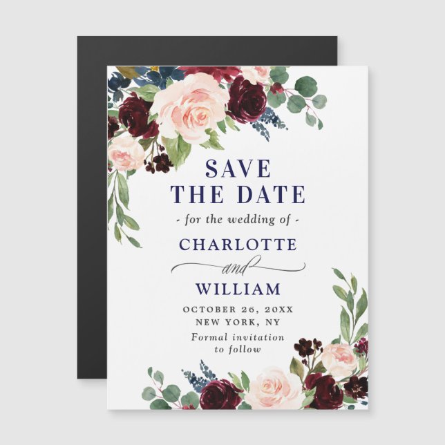 Burgundy Navy Blue Save Date Magnetic Card (Fram/baksida)