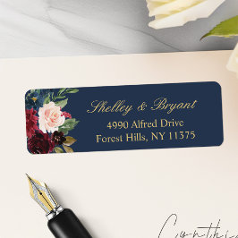 Burgundy Navy Blue Watercolor Blommigt Adress Returadress Etikett