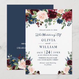 Burgundy Navy Blue  Watercolor Blommigt Bröllop Inbjudningar