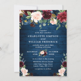 Burgundy Navy Blue  Watercolor Blommigt Bröllop Inbjudningar