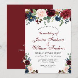 Burgundy Navy Blue  Watercolor Blommigt Bröllop Inbjudningar