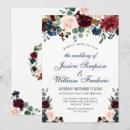 Burgundy Navy Blue Watercolor Blommigt Bröllop Inbjudningar