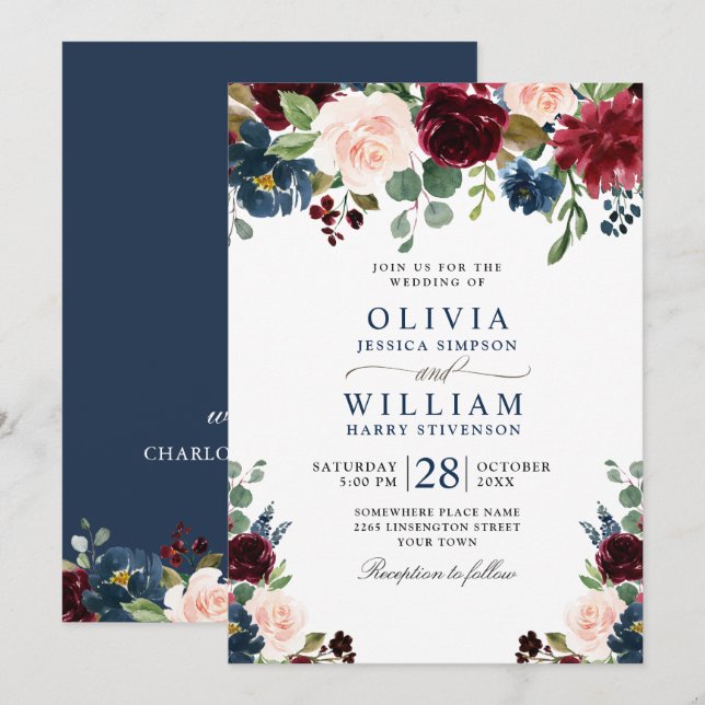 Burgundy Navy Blue  Watercolor Blommigt Bröllop Inbjudningar (Fram/baksida)