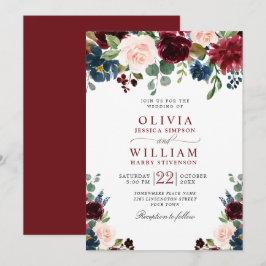 Burgundy Navy Blue  Watercolor Blommigt Bröllop Inbjudningar