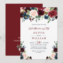 Burgundy Navy Blue  Watercolor Blommigt Bröllop Inbjudningar