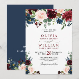Burgundy Navy Blue  Watercolor Blommigt Bröllop Inbjudningar