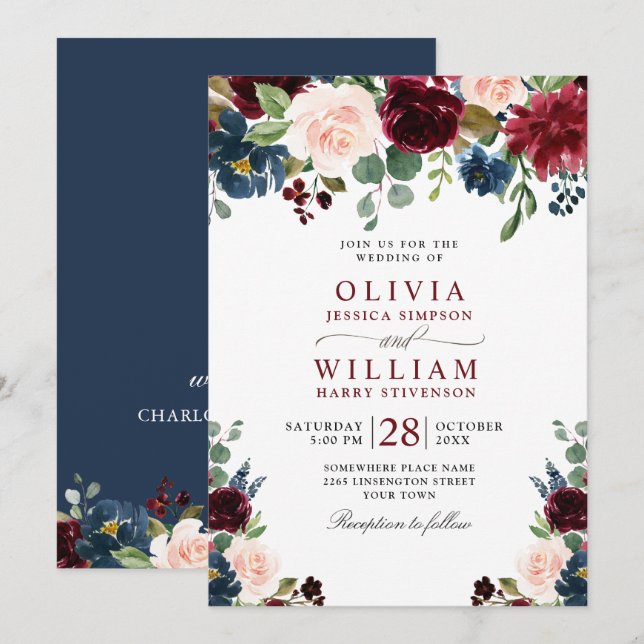 Burgundy Navy Blue  Watercolor Blommigt Bröllop Inbjudningar (Fram/baksida)