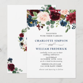 Burgundy Navy Blue Watercolor Blommigt Bröllop Inbjudningar