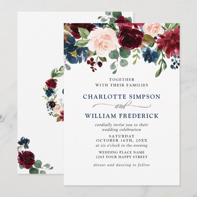 Burgundy Navy Blue  Watercolor Blommigt Bröllop Inbjudningar (Fram/baksida)