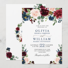 Burgundy Navy Blue Watercolor Blommigt Bröllop Inbjudningar