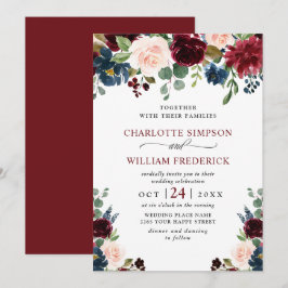 Burgundy Navy Blue  Watercolor Blommigt Bröllop Inbjudningar