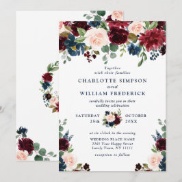 Burgundy Navy Blue Watercolor Blommigt Bröllop Inbjudningar