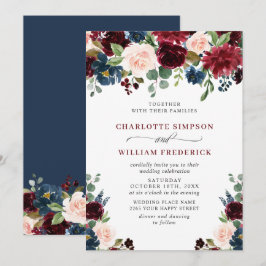 Burgundy Navy Blue  Watercolor Blommigt Bröllop Inbjudningar