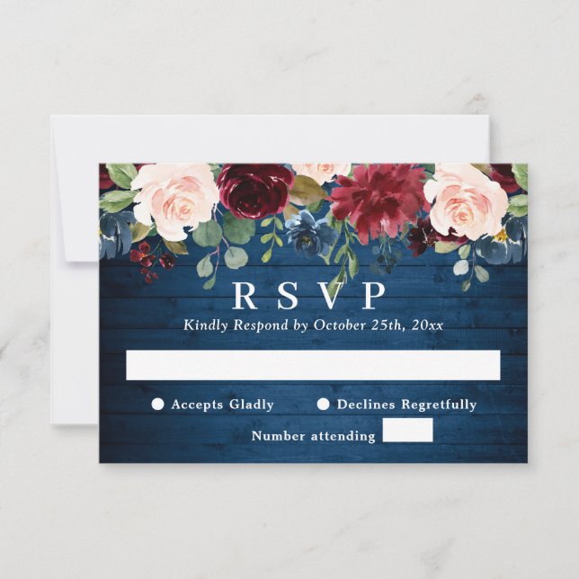 Burgundy Navy Blue  Watercolor Blommigt Bröllop OSA Kort (Framsida)