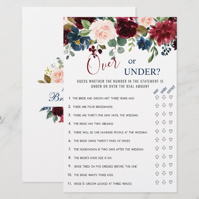 Burgundy Navy Blush Blommor Bröllopsfest Spel (Fram/baksida)