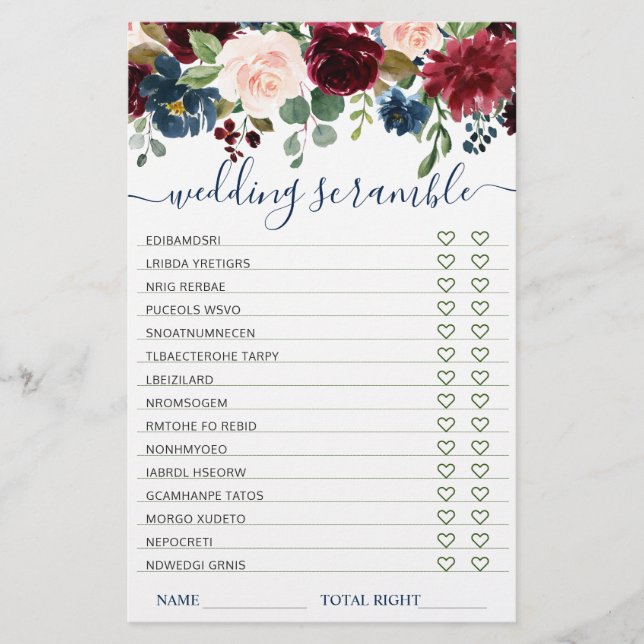Burgundy Navy Blush Blommor Bröllopsfest Spel (Framsida)