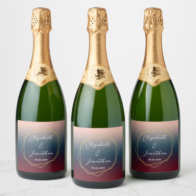 Burgundy Navy Blush Ombre Geometrisk Bröllop (Flaskor)