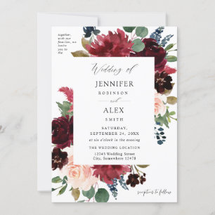 Burgundy & Navy, Blush Rosa Blommig Bröllop 3 Inbjudningar