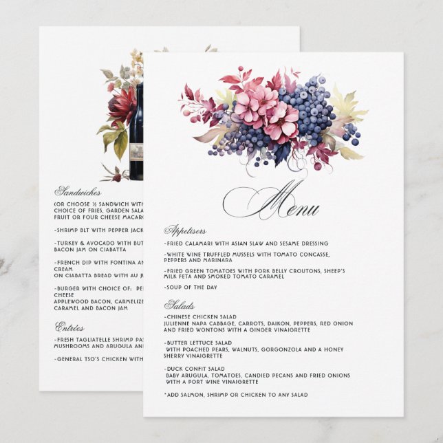Burgundy, Navy & Blush Vinprovning Blommig Bröllop Meny (Fram/baksida)