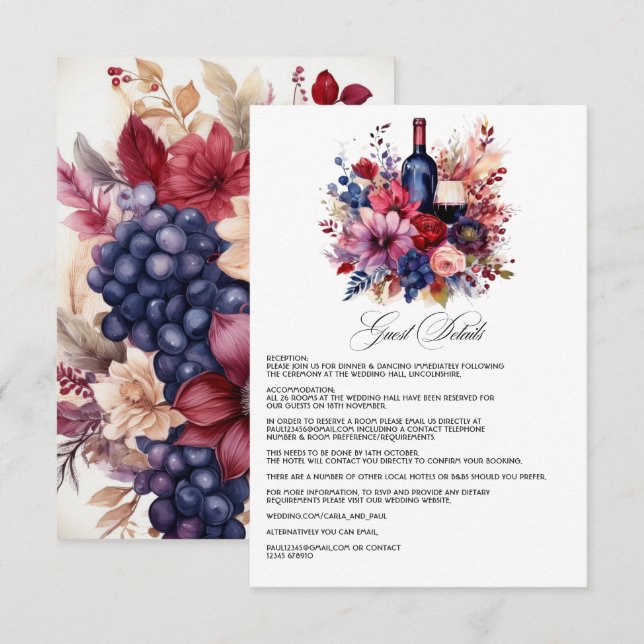 Burgundy, Navy & Blush Vinprovning Gästinformation Tilläggskort (Fram/baksida)