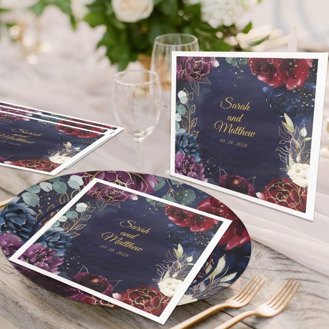Burgundy Navy Bröllop 6’ Square Luncheon Napkins Pappersservett (Skapare uppladdad)