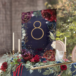 Burgundy Navy Bröllop Bordsnummer Card
