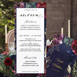 Burgundy Navy Bröllop Dinner Menu Meny