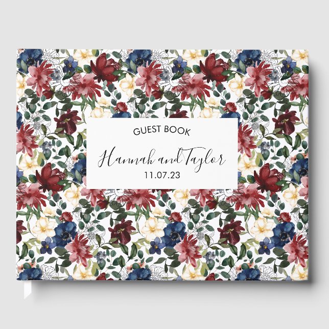 Burgundy Navy Bröllop Guest Bok (Framsida)