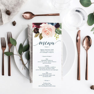 Burgundy Navy Bröllop Menu och Tack you Card Meny