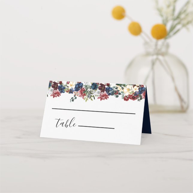 Burgundy Navy Bröllop Place Card Placeringskort (Framsida)