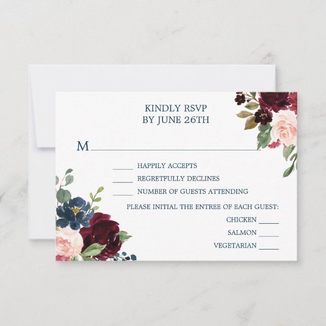 Burgundy Navy Bröllops OSA Cards Kort (Framsida)