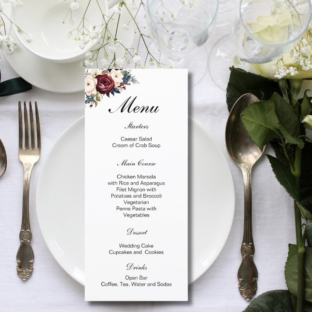 Burgundy Navy Cream Blommigt Botanique Bröllop Meny (Burgundy Navy Blue Cream Floral Botanical Watercolor Wedding Menu)