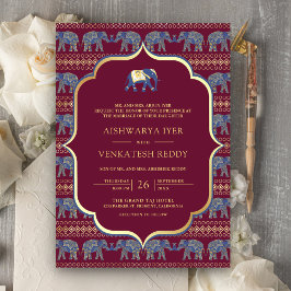 Burgundy Navy Elephant All in One Indian Bröllop Inbjudningar