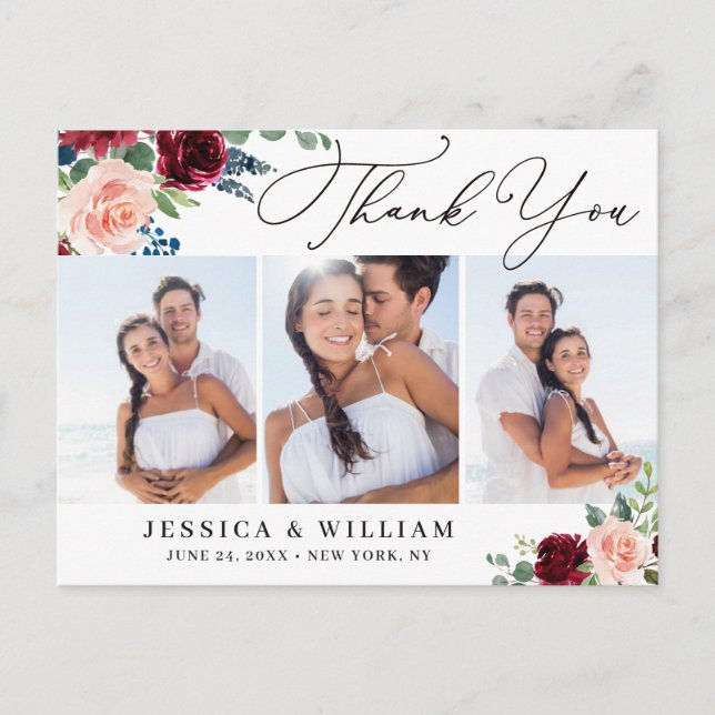 Burgundy Navy Eucalyptus Bröllop 3 Photo Tack Vykort (Framsida)