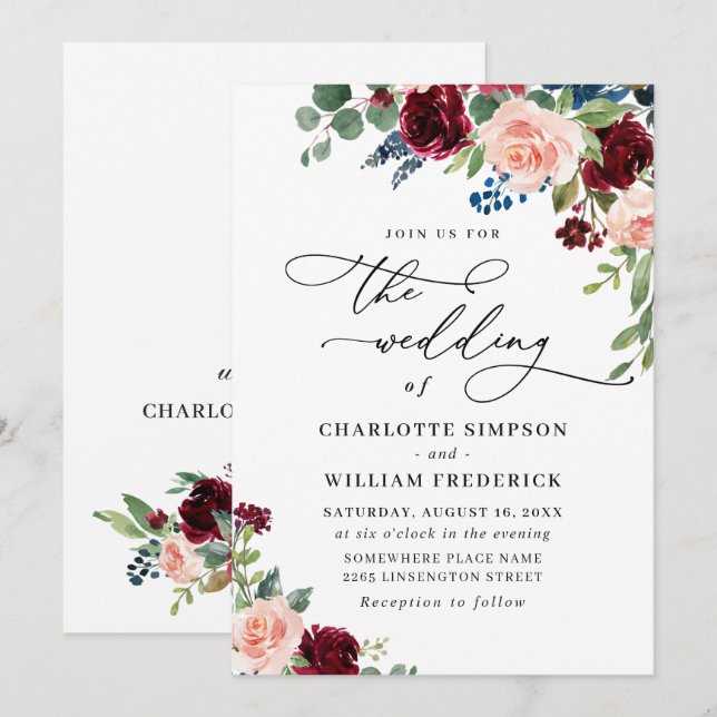 Burgundy Navy Eucalyptus Ro Greenery Bröllop Inbjudningar (Fram/baksida)