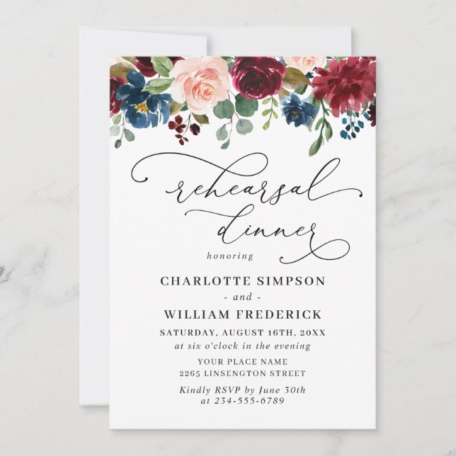 Burgundy Navy Eucalyptus Ro REHEARSAL DINNER Inbjudningar (Framsida)