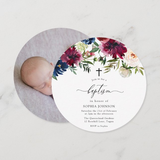 Burgundy Navy &  Flowers Baby Photo Baptism Inbjudningar (Fram/baksida)