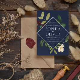 Burgundy Navy Geometric Blommigt Ram Bröllop Inbjudningar