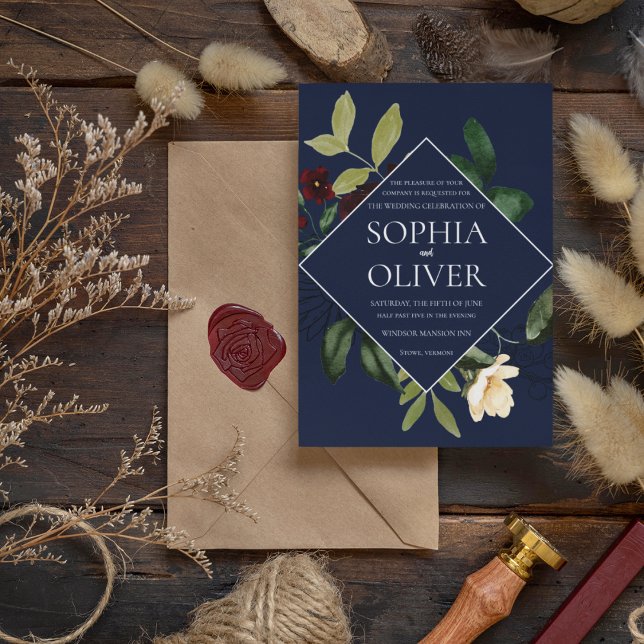 Burgundy Navy Geometric Blommigt Ram Bröllop Inbjudningar (Skapare uppladdad)