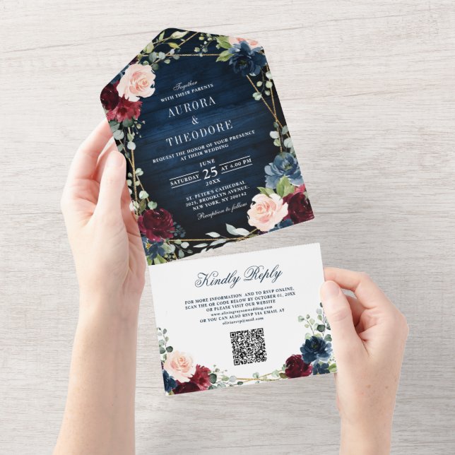Burgundy Navy  Geometric QR Code Bröllop (Avrivbar del)