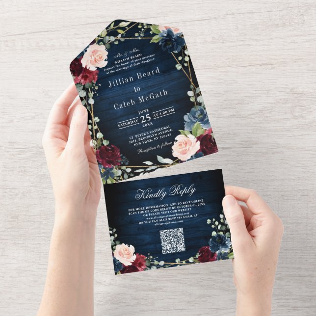 Burgundy Navy  Geometric QR Code Bröllop (Tearaway)