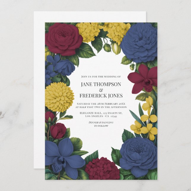 Burgundy, Navy & Gold Floral Wedding Inbjudningar (Fram/baksida)